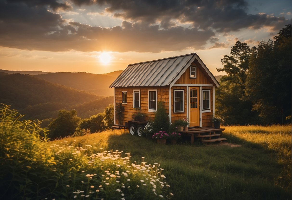 A tiny house sits nestled in the rolling hills of Georgia, surrounded by lush greenery and blooming wildflowers. The sun sets in the distance, casting a warm glow over the quaint, charming structure