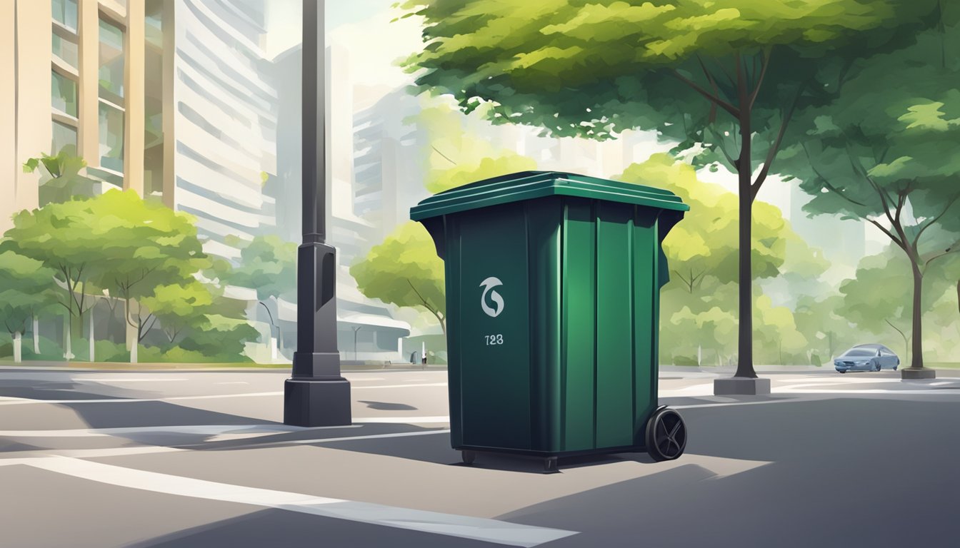 A metal trash bin in a clean, modern Singapore street. Surrounded by tidy sidewalks and lush greenery