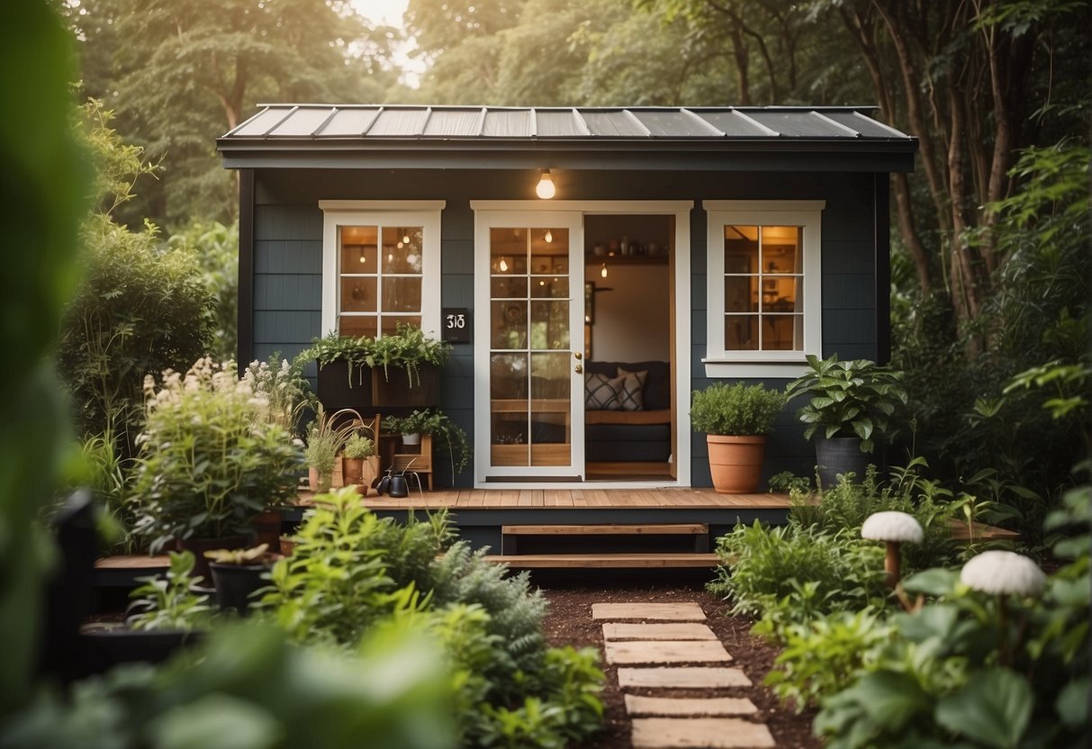 A tiny house surrounded by lush greenery, with a price tag displayed prominently in the foreground. The house is cozy and inviting, with a welcoming front porch and large windows