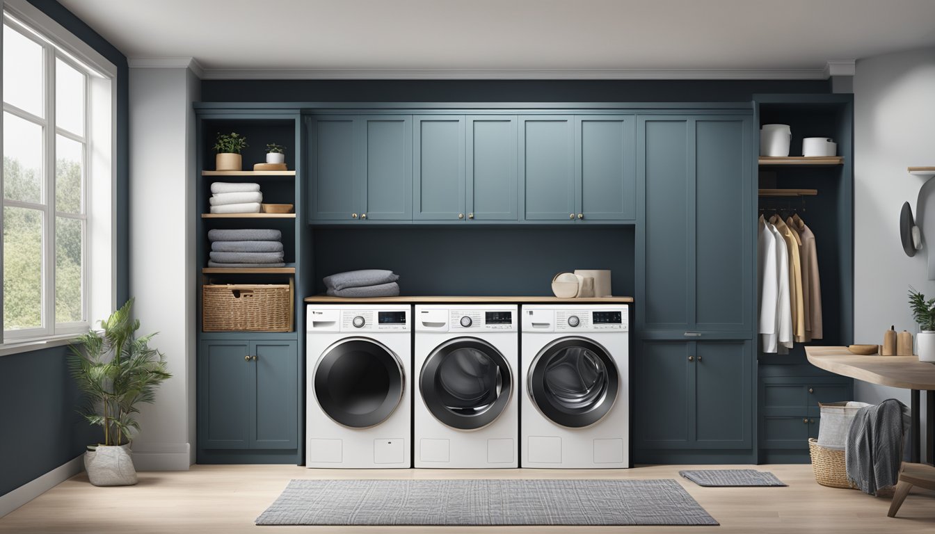 A sleek Toshiba washer dryer in a modern laundry room, with a digital display and various washing cycle options