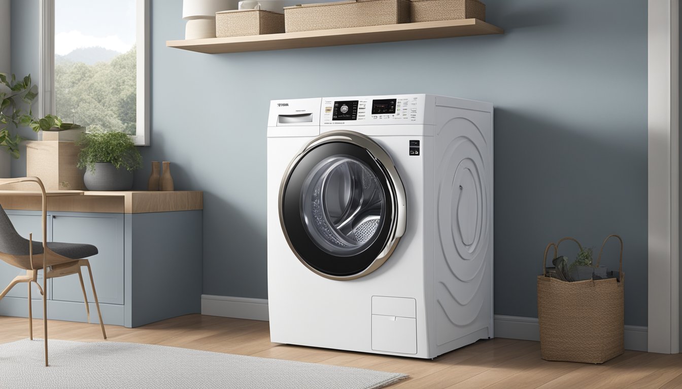 The Toshiba washer dryer features a sleek, modern design with a digital control panel and a transparent door. It has a spacious drum for large loads and a variety of innovative wash and dry settings