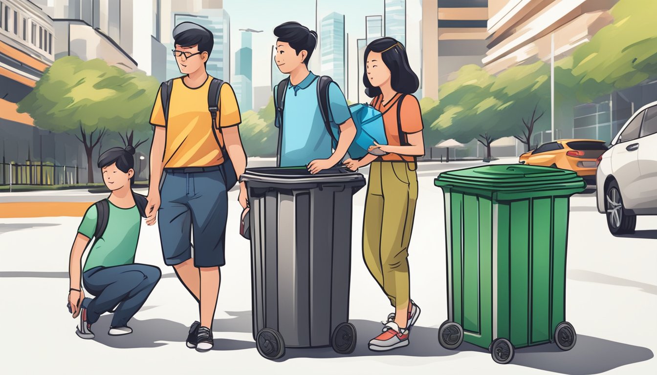 People exploring various trash bin options in Singapore