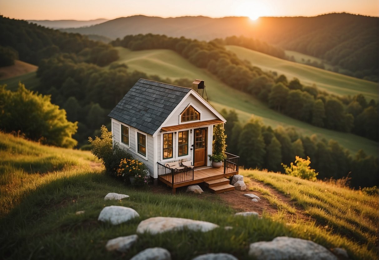 A tiny house nestled in a picturesque Georgia landscape, surrounded by rolling hills and vibrant greenery. The sun sets in the distance, casting a warm glow over the quaint dwelling