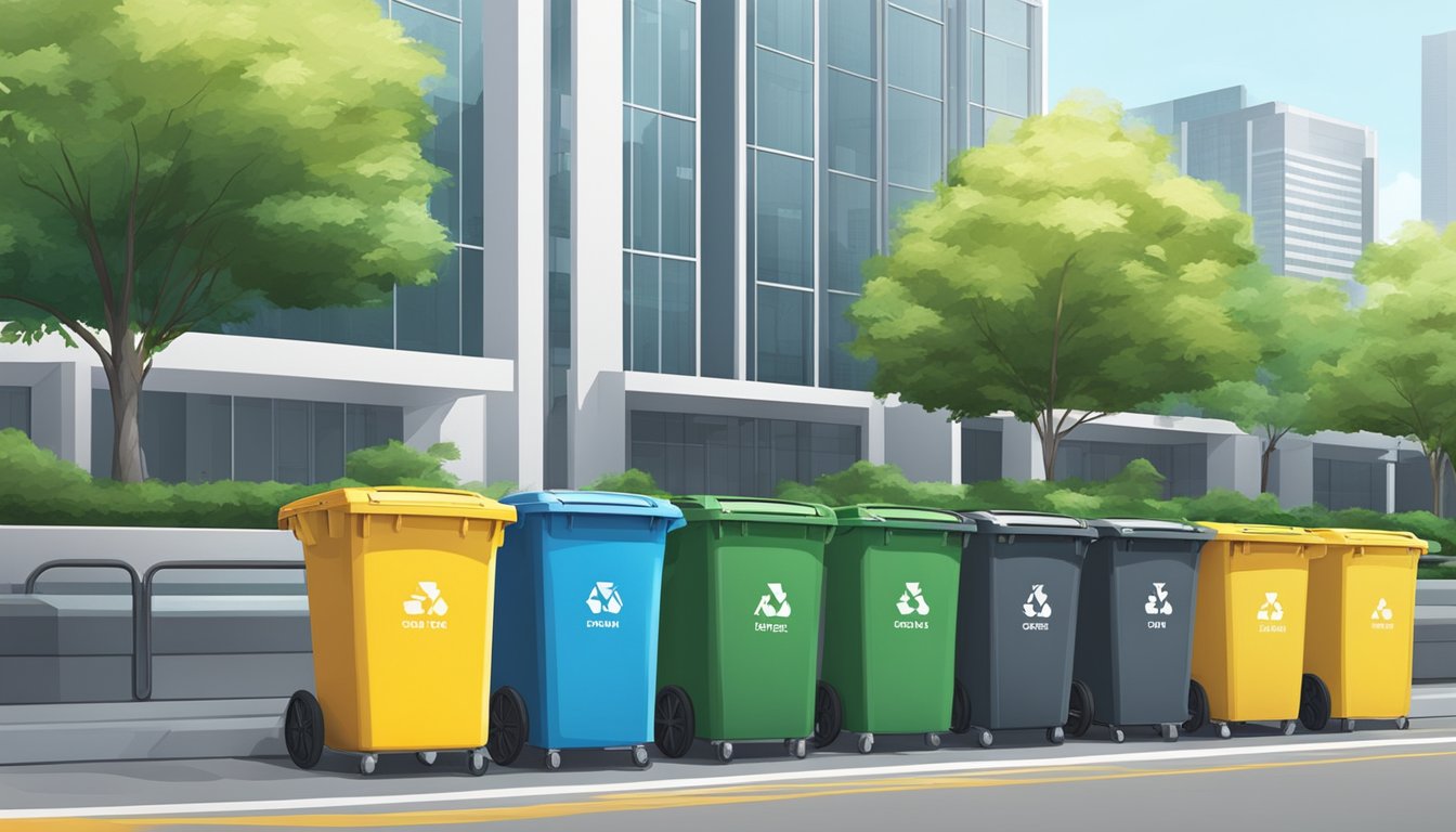 A row of colorful trash bins in a clean, modern urban setting with greenery and clear signage for waste management and environmental considerations in Singapore