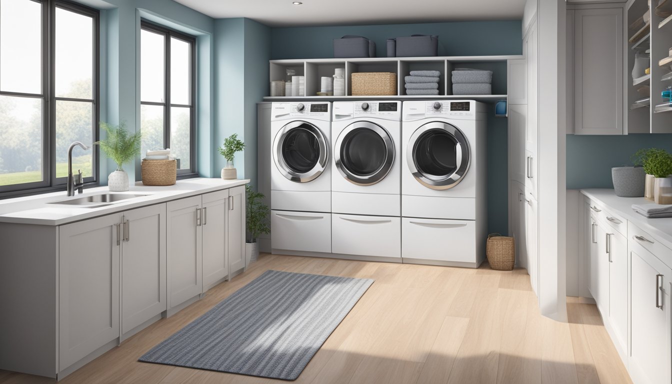 A modern, sleek washer dryer unit sits in a spacious laundry room, surrounded by shelves of detergent and fabric softener. The machine is displaying a digital control panel with various settings and options