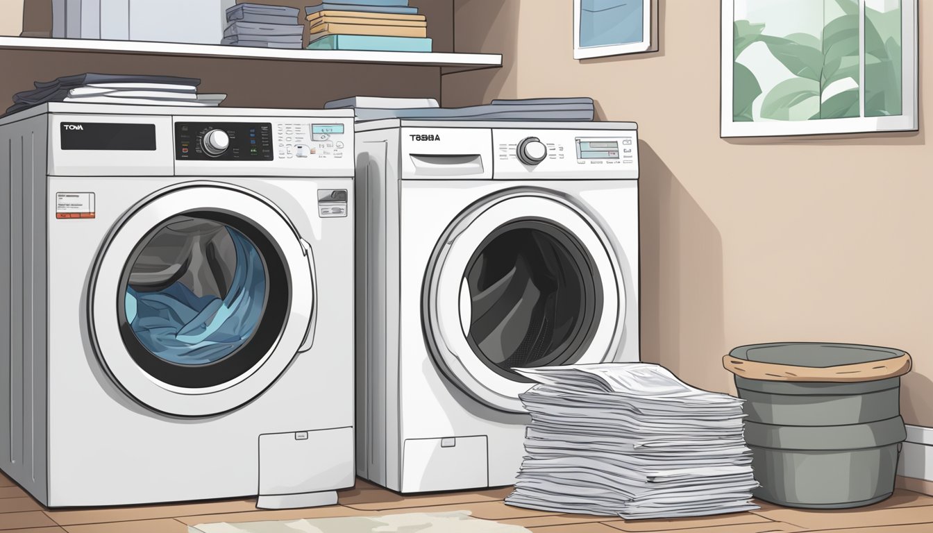 A stack of FAQs papers next to a Toshiba washer dryer, with a person reading and a satisfied expression