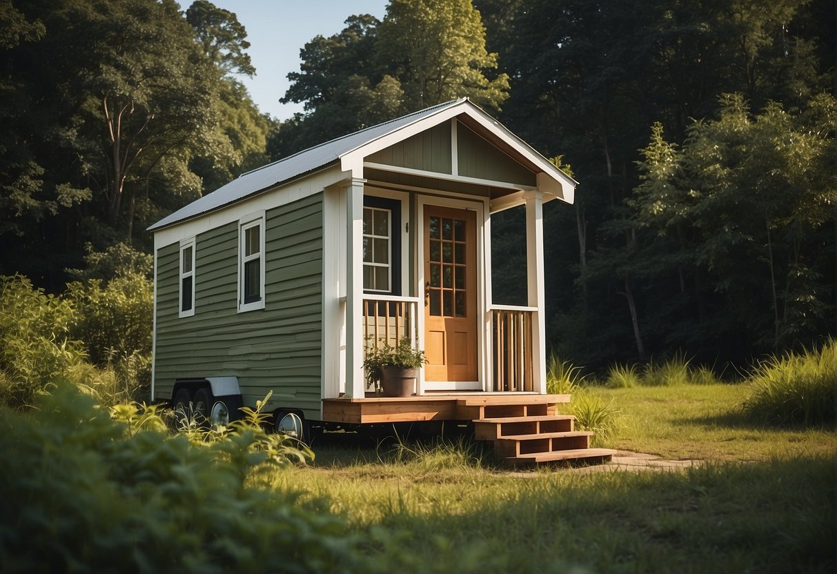 A tiny house sits nestled in the lush green landscape of North Carolina, surrounded by rolling hills and a clear blue sky