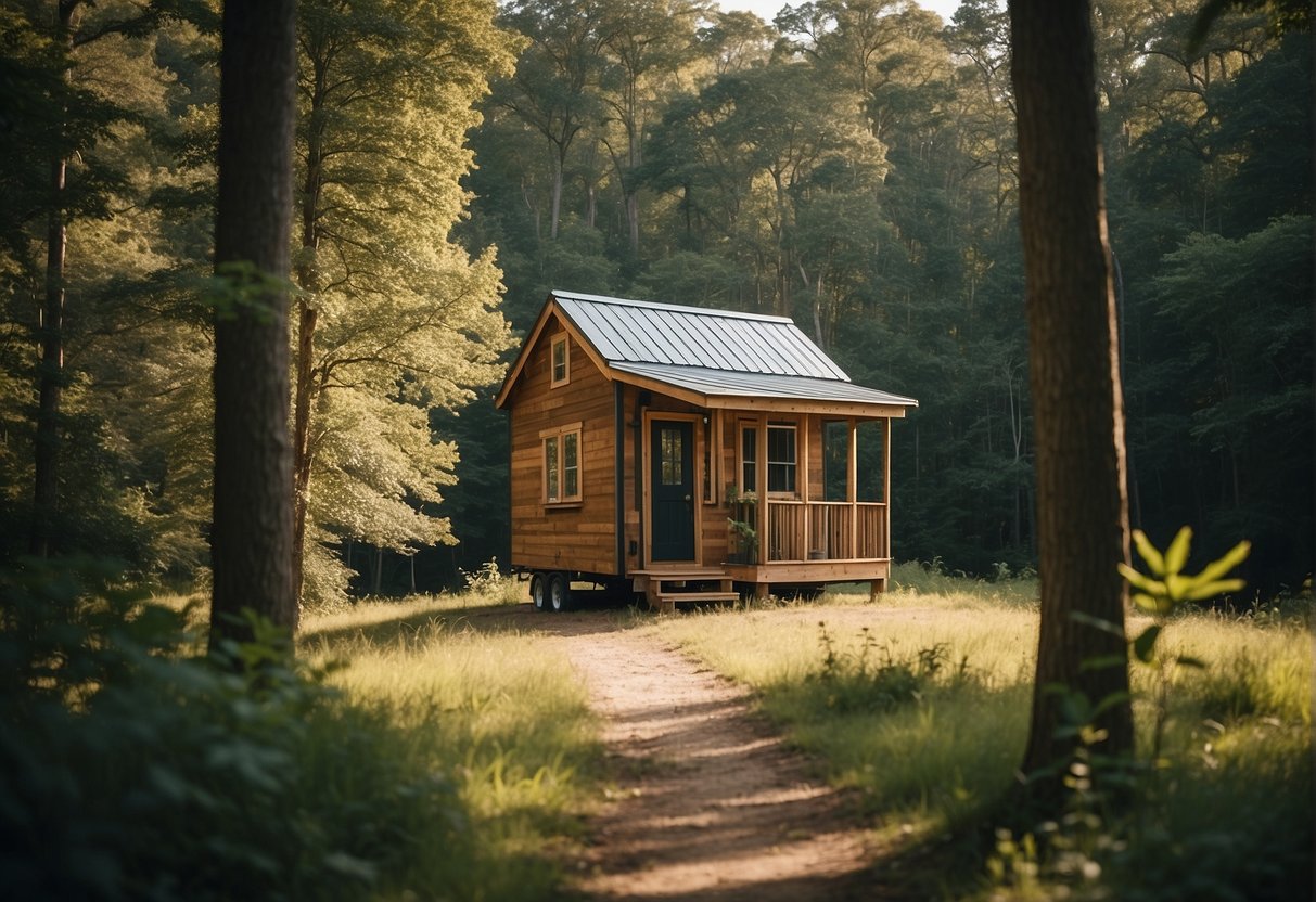 A cozy tiny house nestled in the serene landscape of North Carolina, surrounded by lush greenery and a clear blue sky