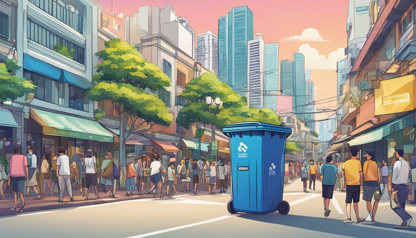 A metal trash bin labeled "Frequently Asked Questions" sits on a busy street in Singapore. Surrounding it are bustling pedestrians and colorful buildings