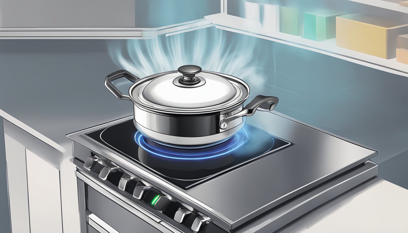 A pot sits on a glowing induction stove, steam rises from the boiling water, and the handle of the pot is slightly tilted