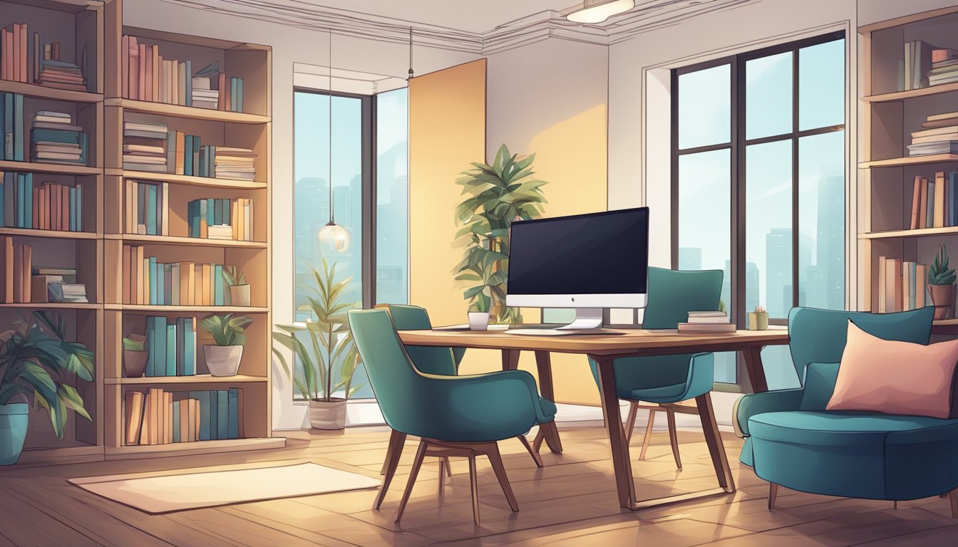 A laptop and a smartphone sit on a modern desk, surrounded by stylish chairs and a bookshelf filled with decor and books