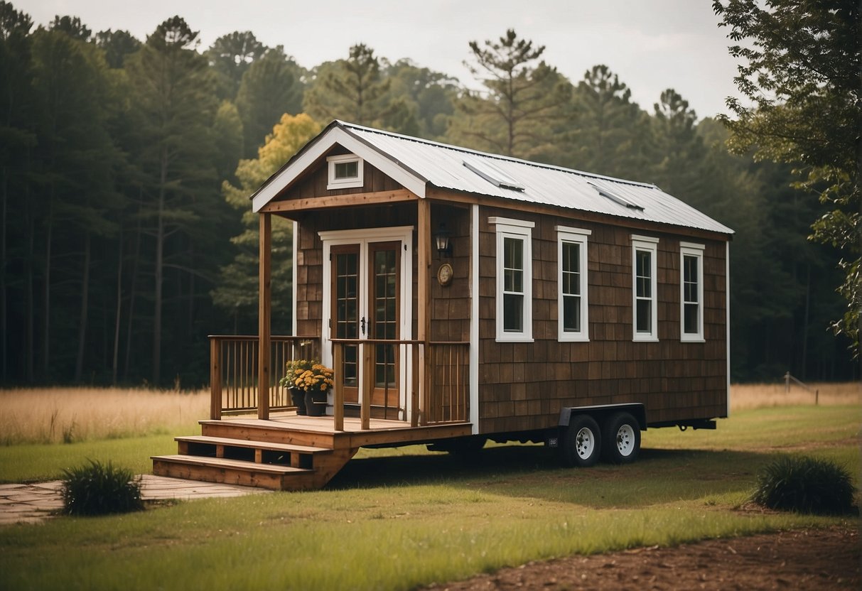 A tiny house in North Carolina with a price tag and financing options displayed. Surrounding area features local landscapes and architecture