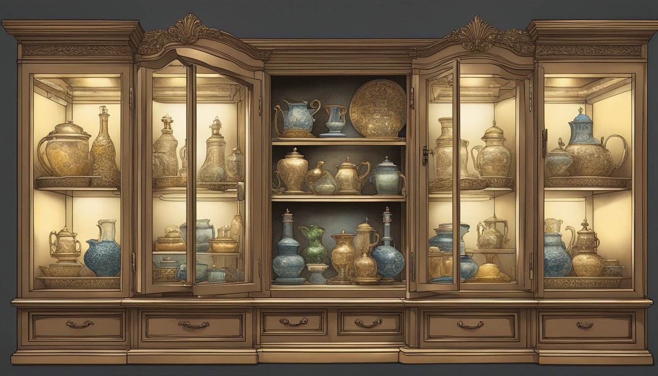 A hand reaches out to open the glass display cabinet, revealing a perfectly arranged collection of items inside. The cabinet is illuminated by soft, warm lighting, highlighting the intricate details of each item