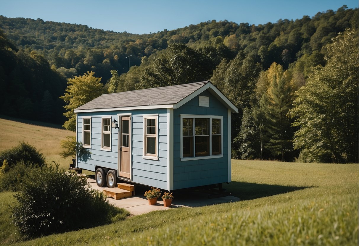 A tiny house sits nestled in the rolling hills of North Carolina, surrounded by lush greenery and a clear blue sky