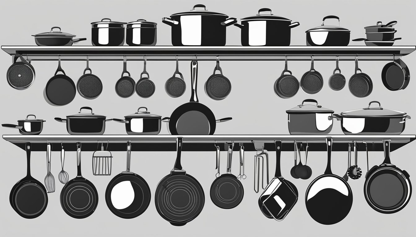 A modern kitchen with an induction stove and a variety of cookware including stainless steel pots, non-stick pans, and cast iron skillets neatly organized on a hanging rack and shelves
