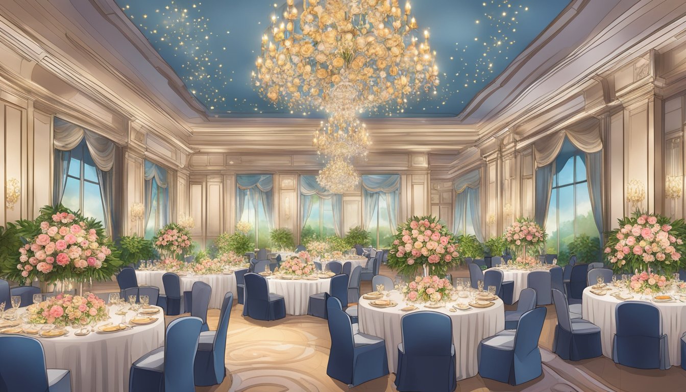 A lavish wedding banquet in a grand Singaporean hotel ballroom, adorned with opulent floral decorations and elegant table settings