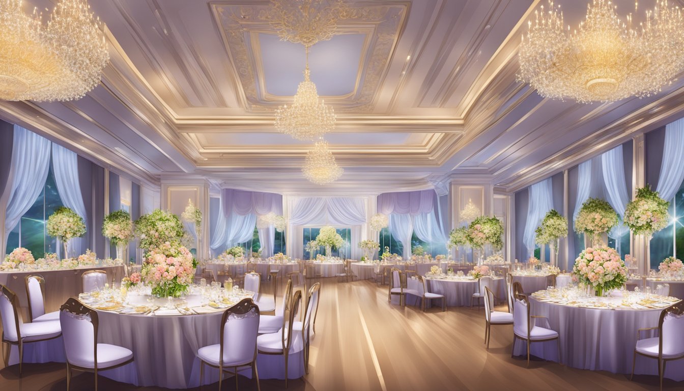 A lavish wedding banquet in Singapore, with elegant decorations, a grand ballroom, and luxurious dining set-ups