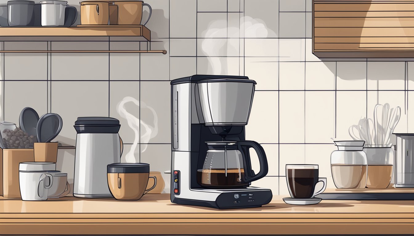 A drip coffee maker sits on a clean, modern kitchen counter in Singapore, surrounded by fresh coffee beans and a steaming cup of coffee