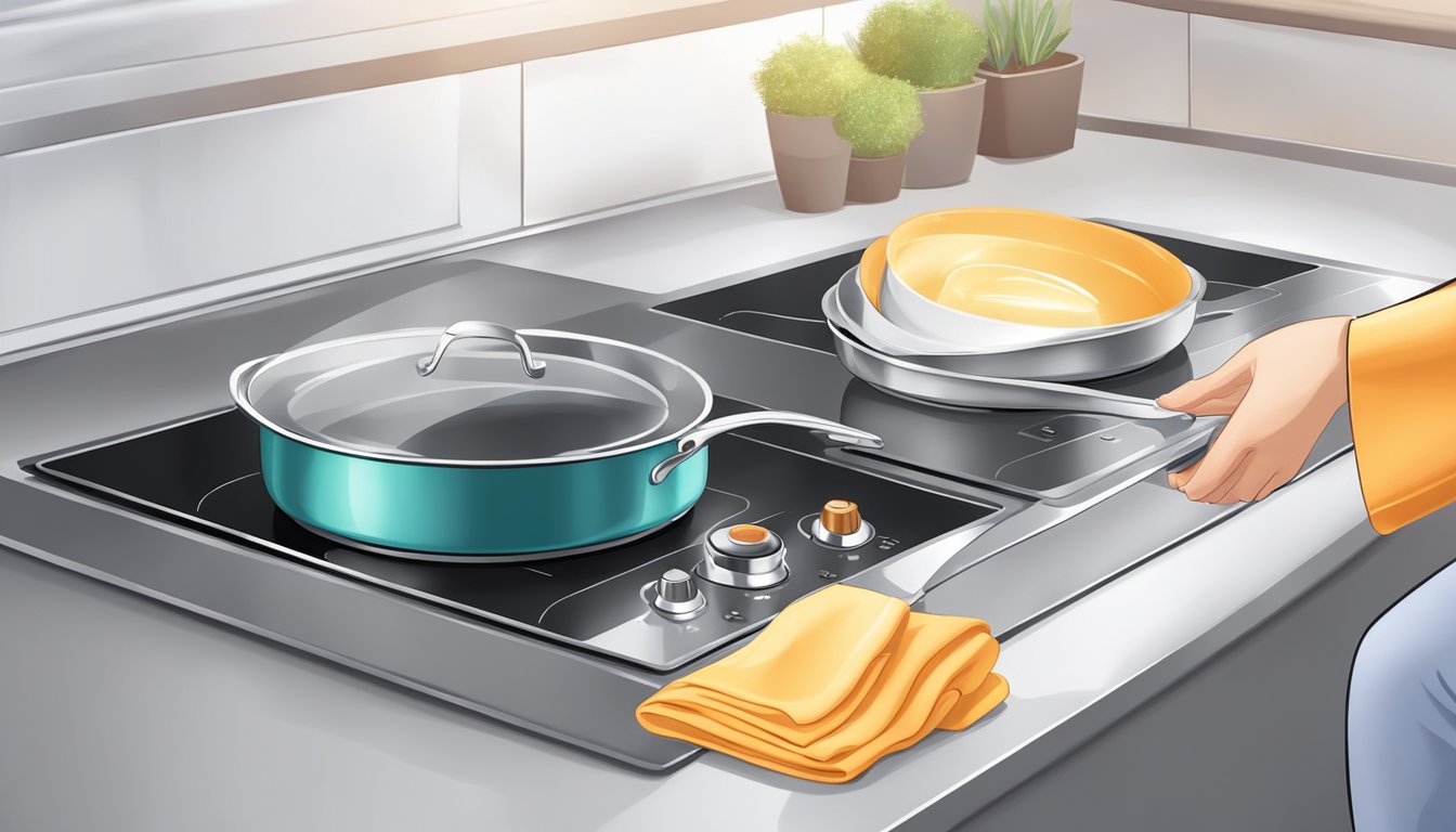 A hand reaches for a shiny induction stove cookware set. A soft cloth and gentle cleaner sit nearby for care and maintenance