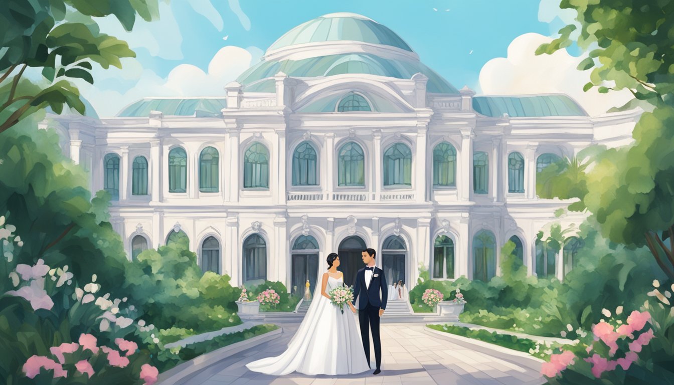 A bride and groom stand in front of a grand wedding venue in Singapore, surrounded by lush greenery and elegant decorations. The bride is wearing a stunning white gown, while the groom is dressed in a sharp tuxedo
