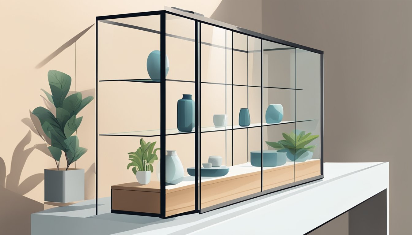 A hand reaches for a sleek, modern glass display cabinet in a well-lit, minimalist interior setting