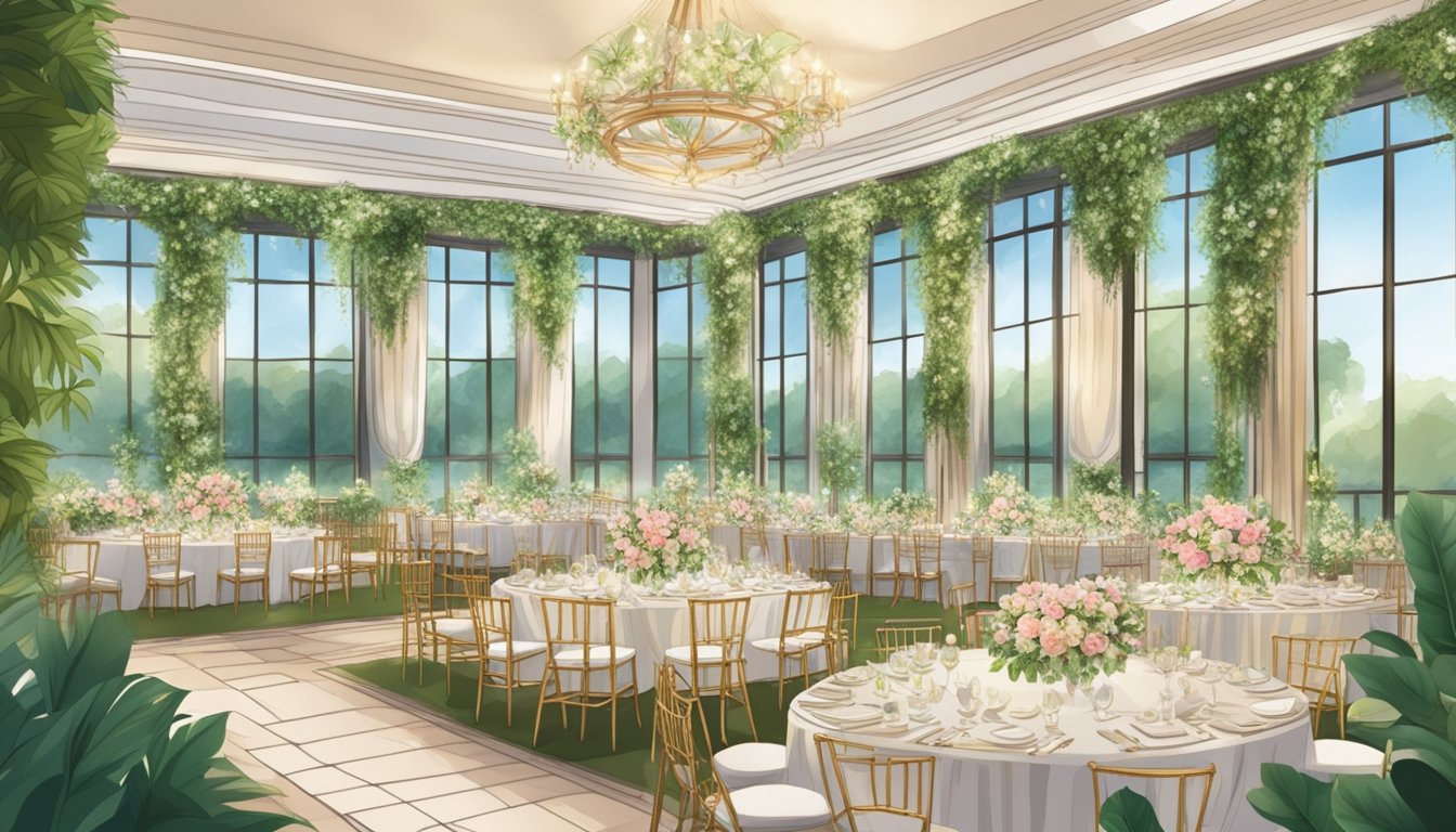 A beautiful wedding venue in Singapore, adorned with elegant decorations and surrounded by lush greenery. The setting exudes luxury and romance, creating the perfect backdrop for capturing precious memories
