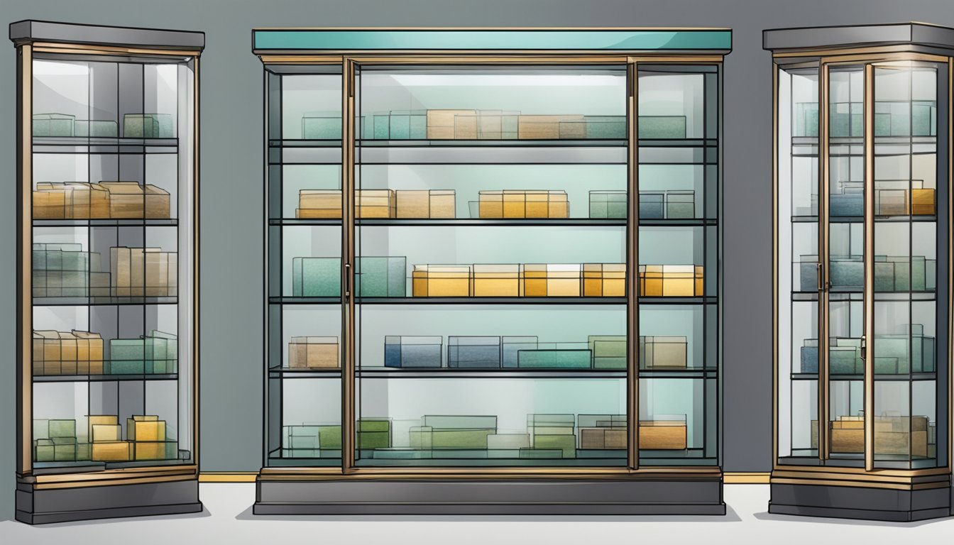 A glass display cabinet in Singapore with neatly arranged Frequently Asked Questions materials