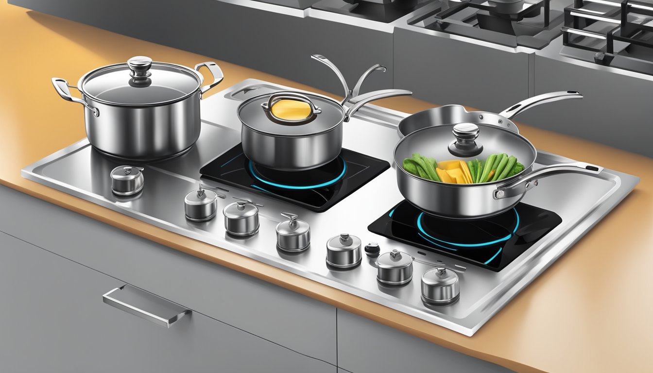 A variety of cookware items, such as pots, pans, and kettles, are displayed on a modern induction stove, ready for use