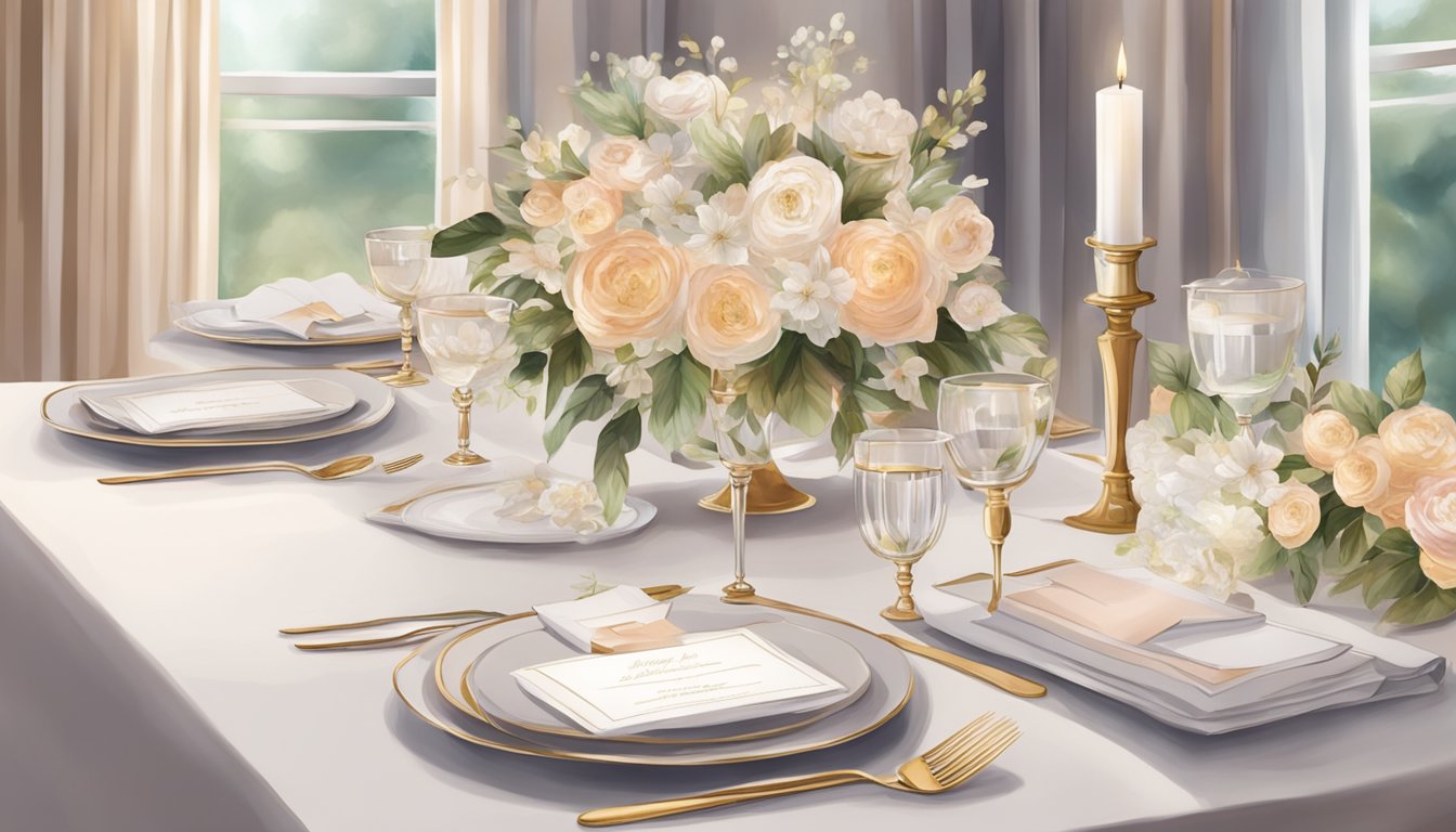 A table with elegant wedding invitations and stationery, surrounded by luxurious fabrics and floral arrangements, set in a sophisticated setting