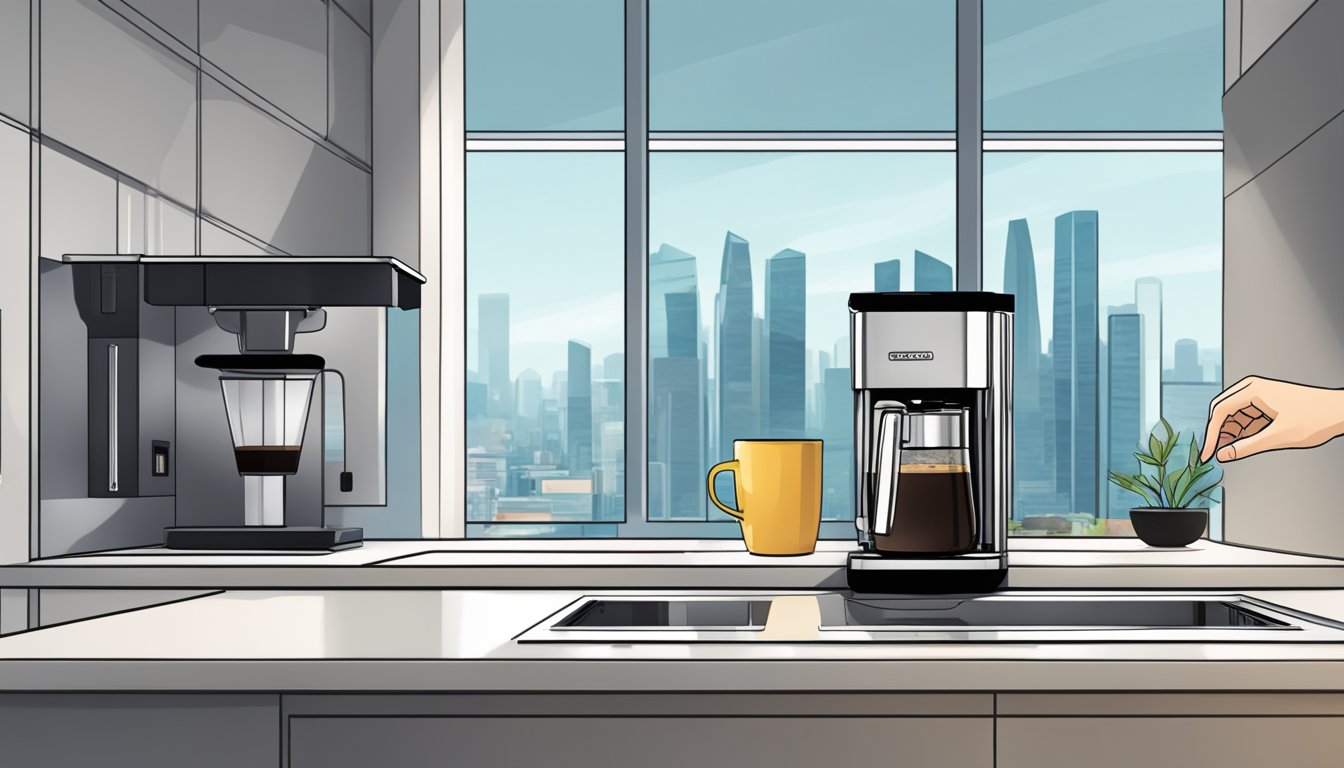 A hand reaches for the control panel of a sleek drip coffee maker in a modern kitchen, with the skyline of Singapore visible through the window