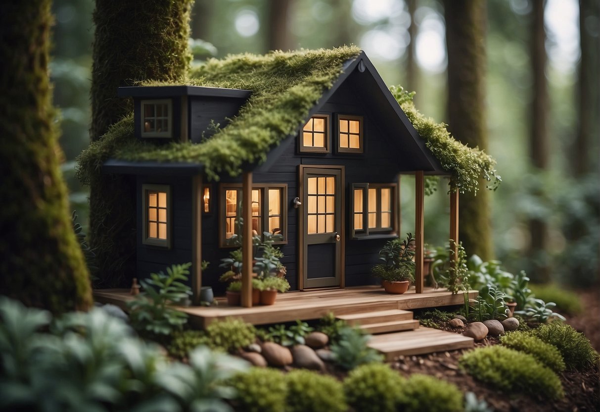 A tiny house nestled between towering trees in a lush forest clearing, with a cozy porch and a miniature garden