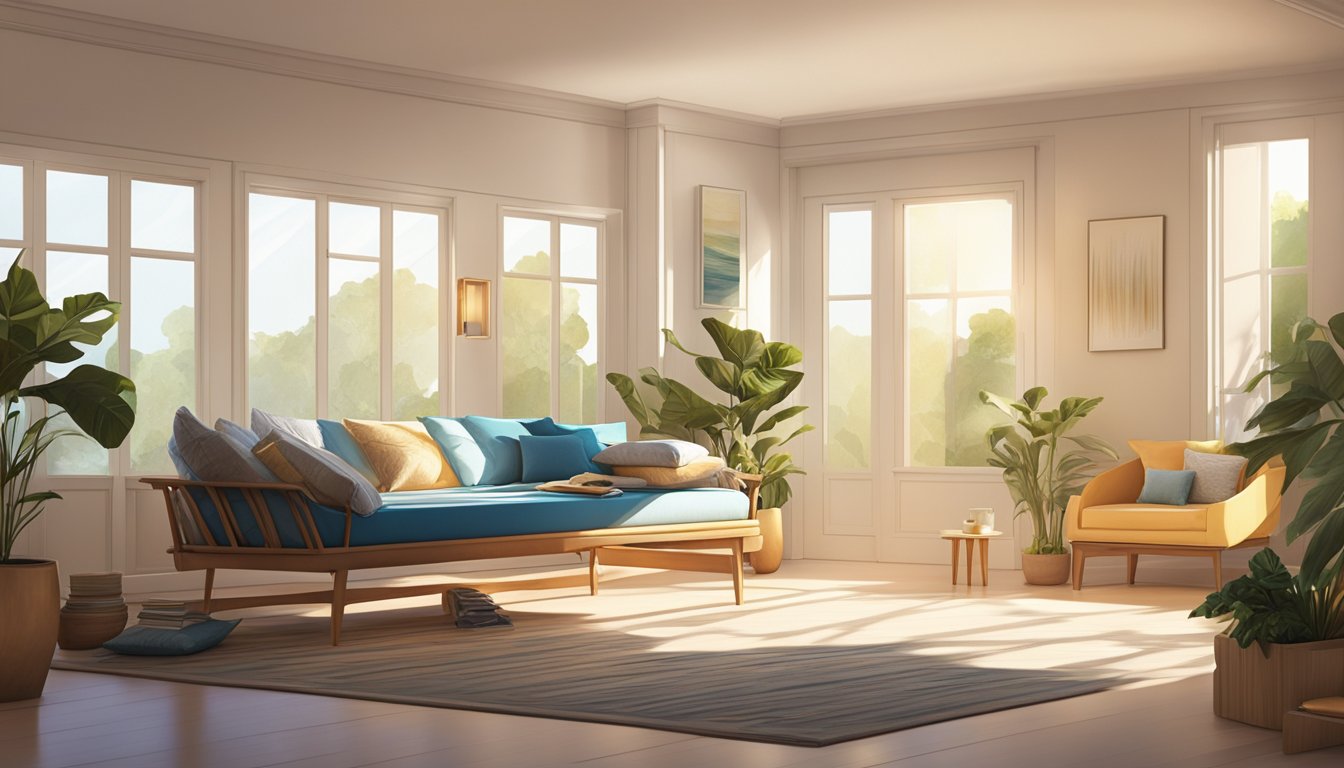 A daybed is being pulled out from a corner, with the sunlight streaming in through the window, casting a warm glow on the cushions and blankets