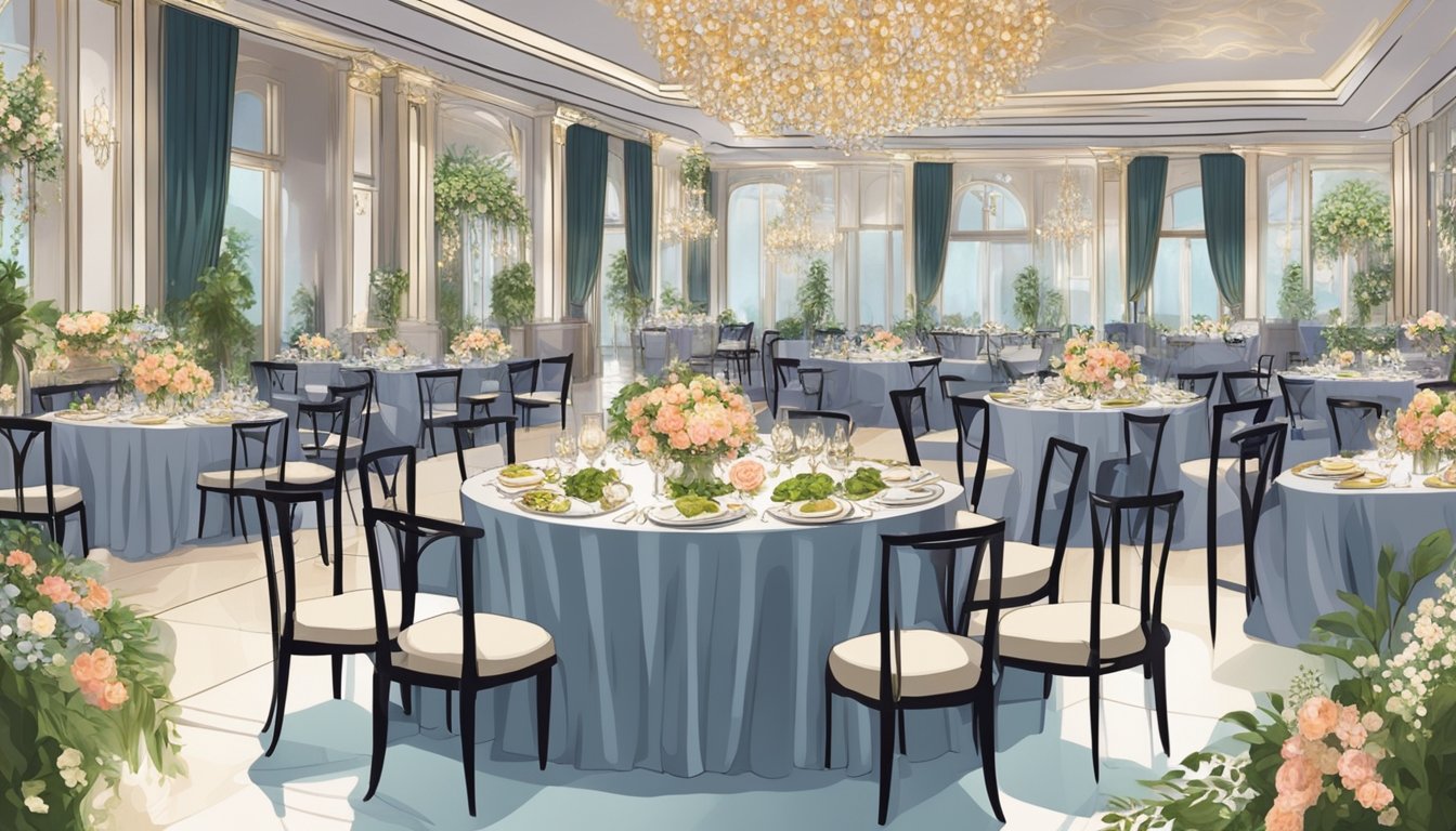 A wedding banquet in Singapore, with opulent decorations and lavish table settings. Guests are dressed in elegant attire, and the venue exudes luxury and sophistication
