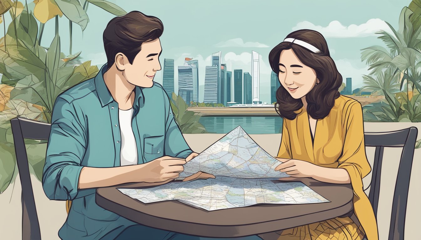 A couple sits at a table with a map of Singapore, discussing honeymoon plans and budgeting for their wedding