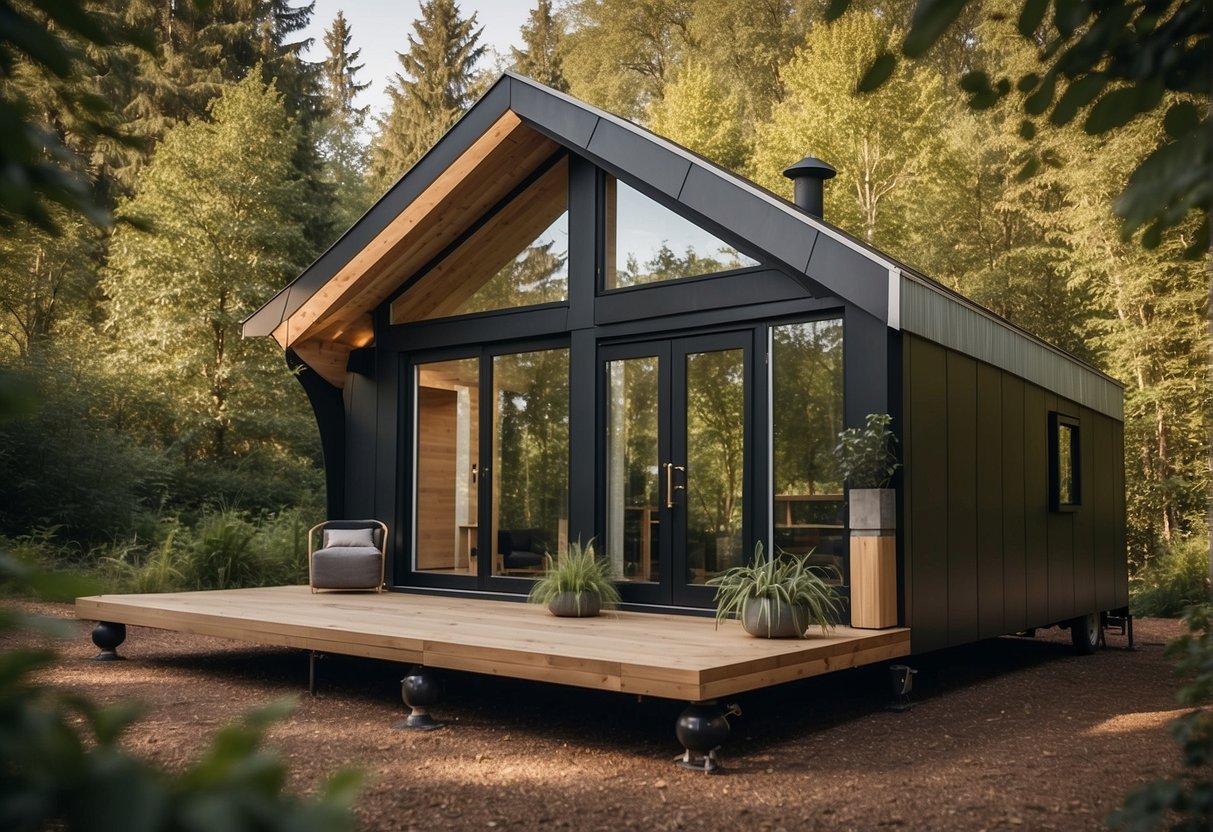 A compact, minimalist tiny house surrounded by nature, showcasing efficient use of space and eco-friendly features