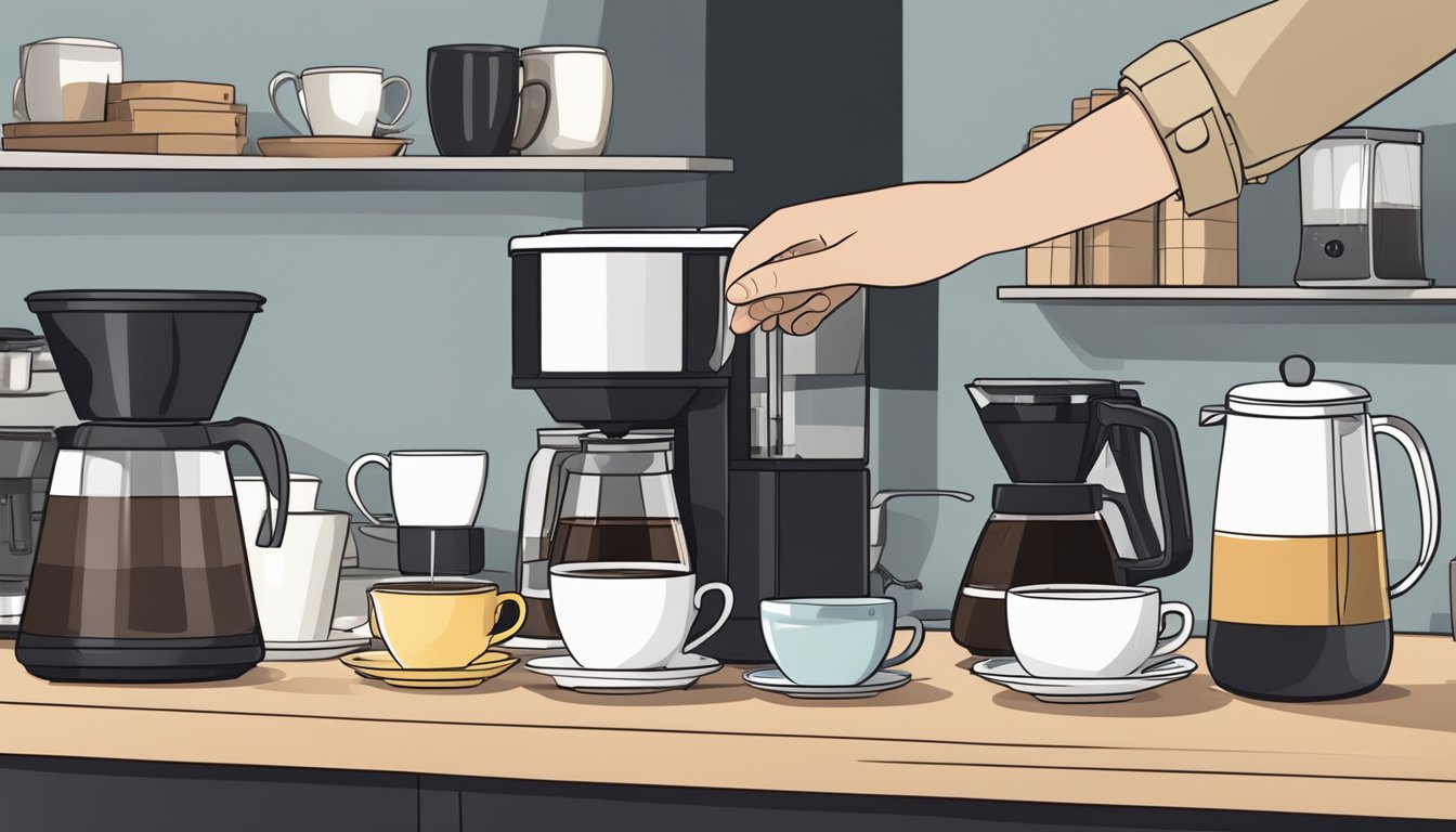 A hand reaches for a sleek, modern drip coffee maker on a kitchen counter, surrounded by bags of coffee beans and a variety of mugs