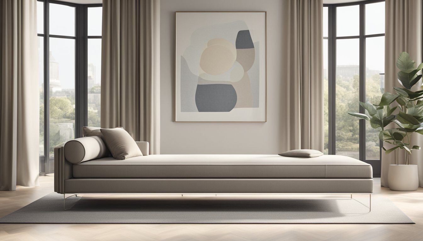 A modern, sleek daybed with clean lines and luxurious fabric sits in a well-lit, minimalist room with neutral tones and large windows