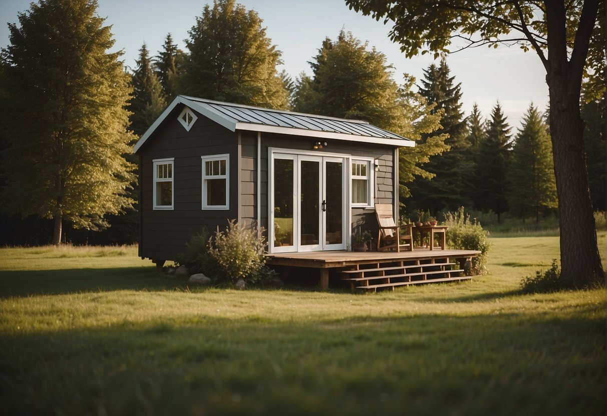 A tiny house sits on a grassy plot, surrounded by trees. The house is no larger than 400 square feet, with a sloped roof and large windows. A small porch with a couple of chairs and a table sits at the front