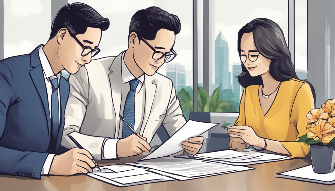 A couple signing marriage documents at a government office in Singapore. A financial advisor nearby, discussing wedding budgeting