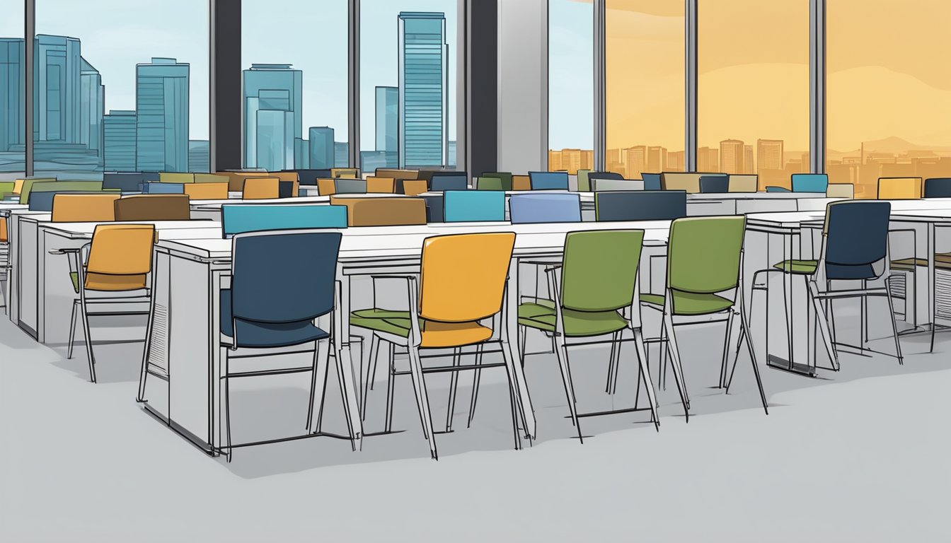 Stackable chairs arranged neatly in a modern office setting in Singapore. The chairs are made of sleek, durable material and are stacked in an organized manner