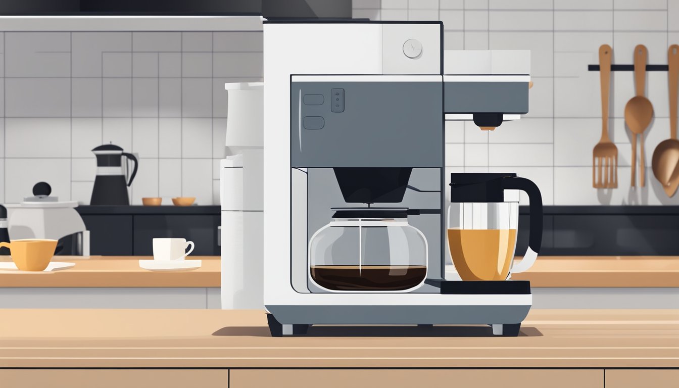 A modern drip coffee maker sits on a sleek countertop in a bright, minimalist kitchen. A steaming cup of coffee is being poured from the machine into a simple, clean mug