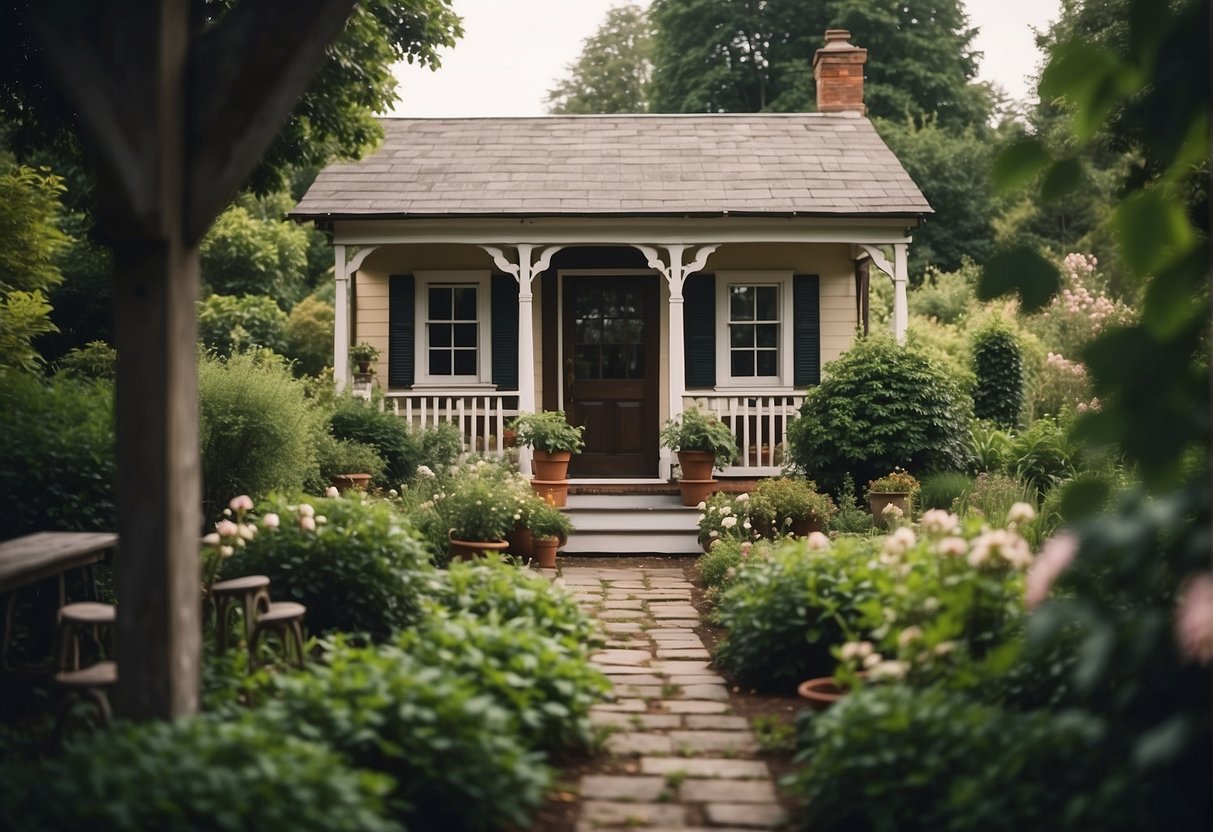 A small, charming house surrounded by greenery, with a cozy front porch and a tiny garden