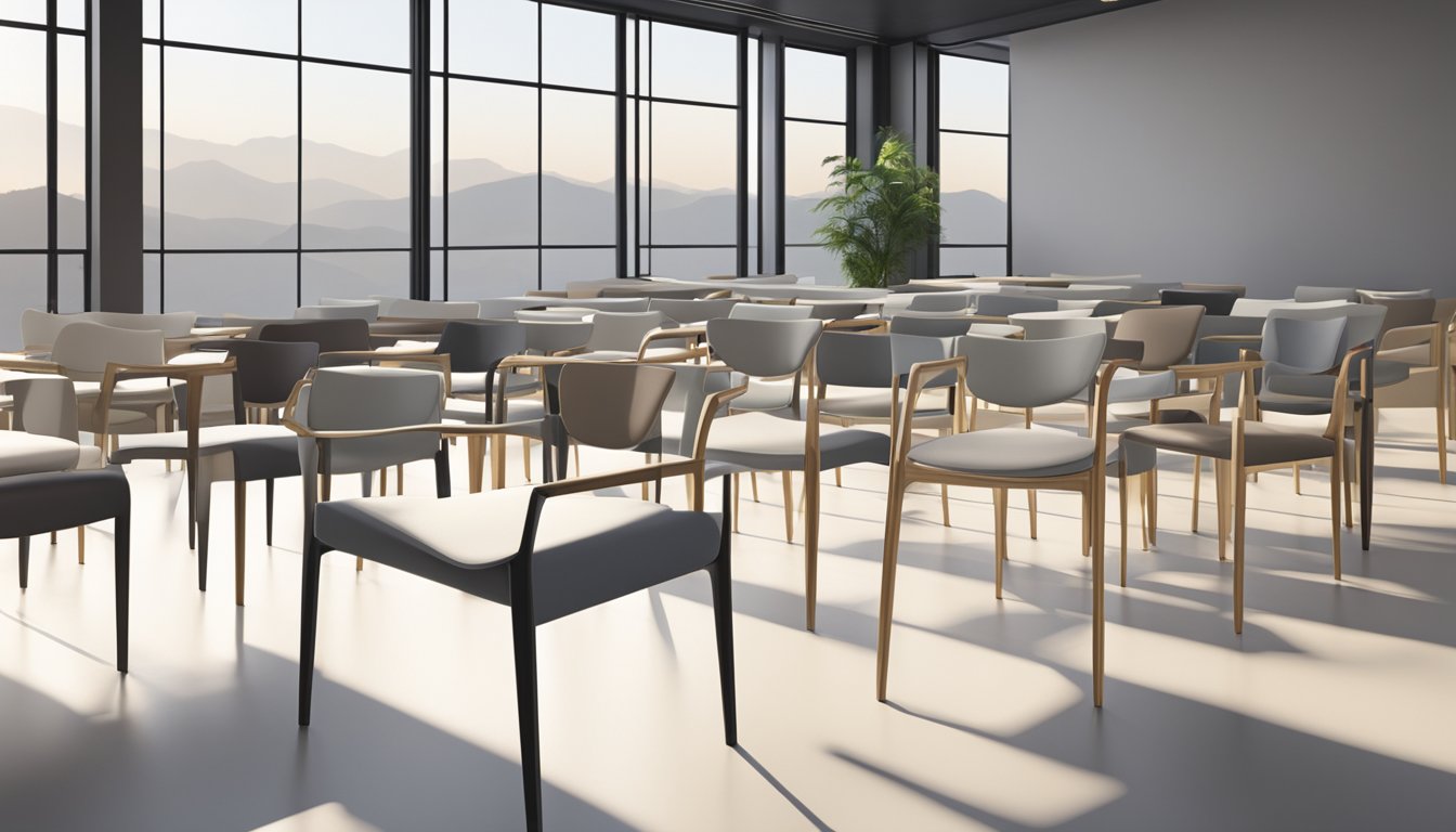 Several stackable chairs arranged neatly in a modern, minimalist space with clean lines and ample natural light. A variety of colors and materials are available for customization