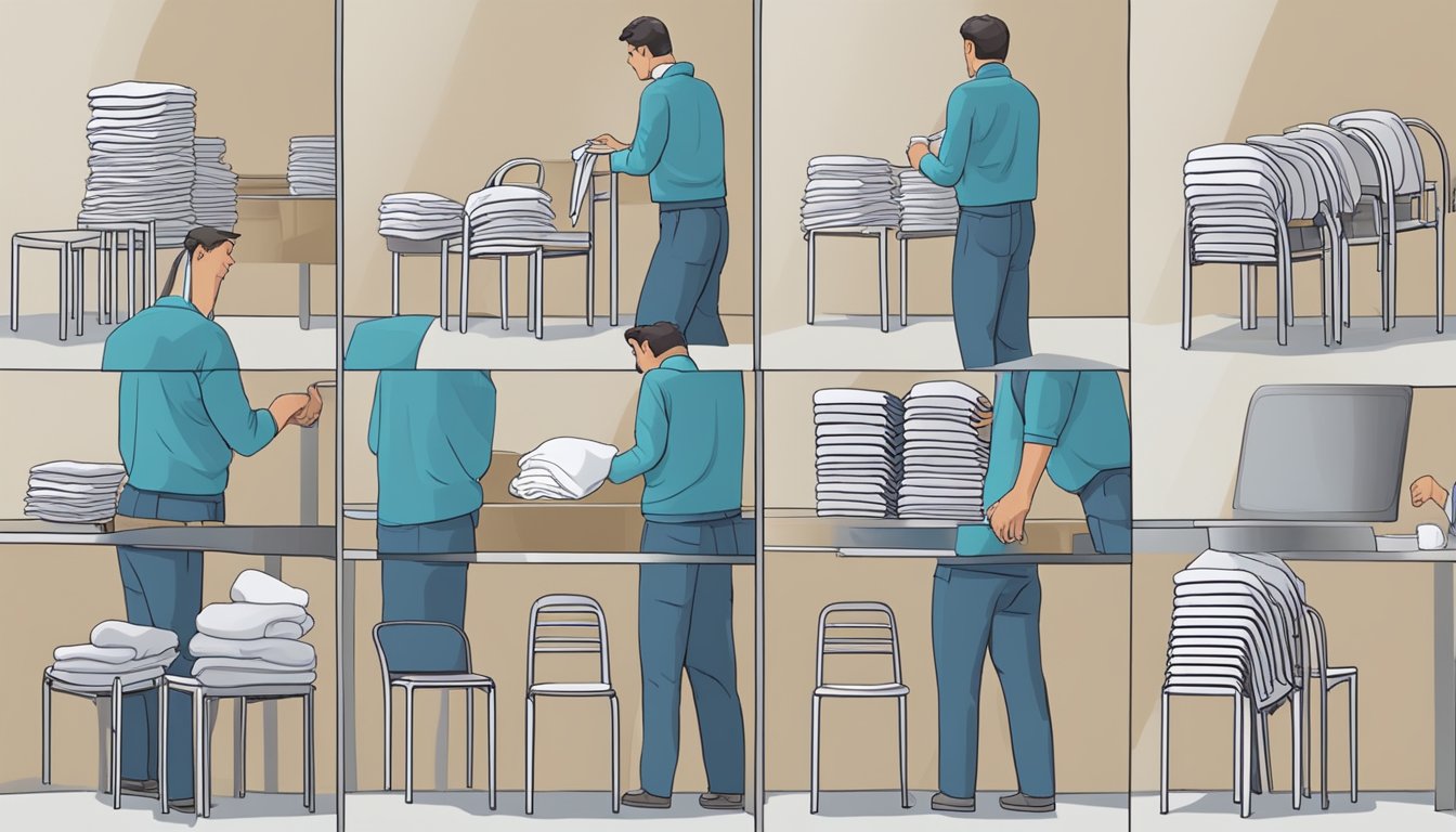 A person wipes down a stackable chair with a damp cloth, inspects for any damage, and then neatly stacks it with others in a storage area