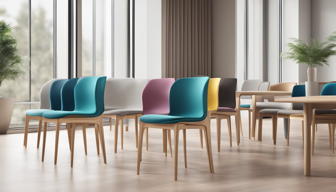 A stack of modern, sleek chairs in a bright, spacious room. Brand logo visible on the backrest. Clean, minimalist design