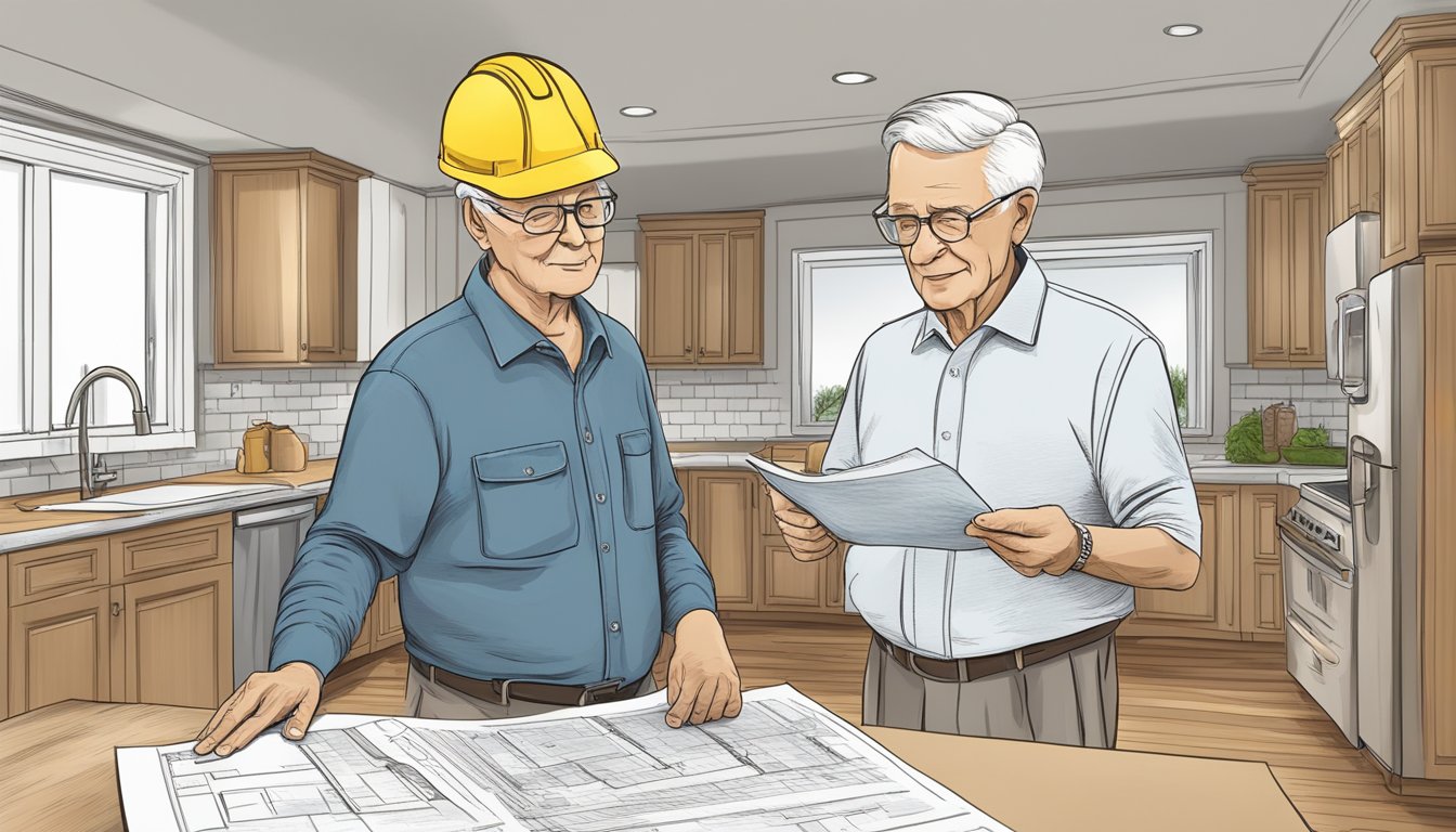 An elderly person consulting a contractor about home renovation, with a list of frequently asked questions in hand