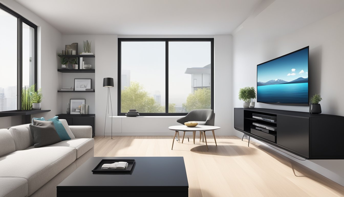 A modern living room with a sleek, black TV console against a white wall, with a large flat-screen TV mounted above it. The console has clean lines and plenty of storage space for media equipment