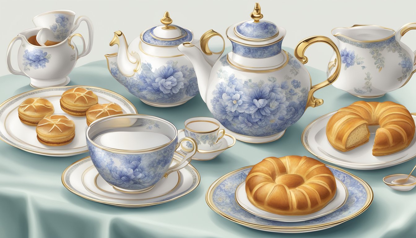 A tea table set with delicate china, a steaming teapot, dainty cups, and a plate of pastries