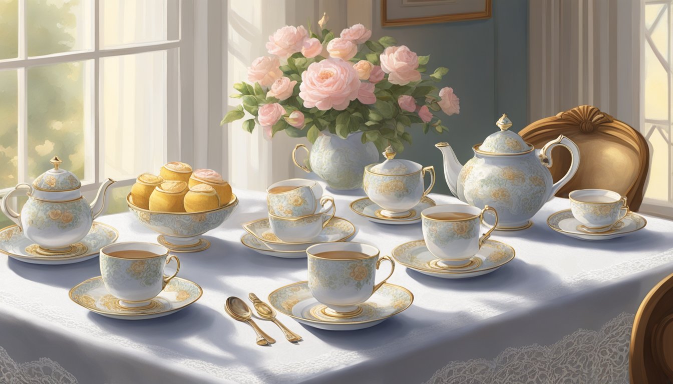 A dainty tea table set sits atop a lace tablecloth, adorned with delicate teacups, saucers, and a teapot. The afternoon sunlight filters through the window, casting a warm glow on the elegant arrangement