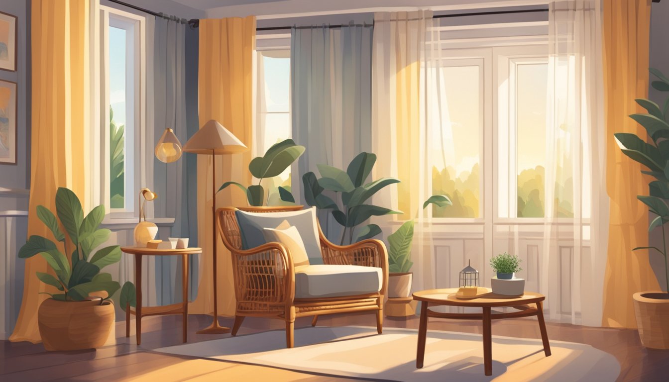 A cozy living room with a rattan armchair and side table, bathed in warm sunlight filtering through sheer curtains